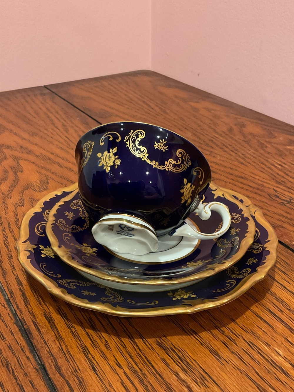 Reichenbach Cobalt & Gold Porcelain Cup Saucer and Dessert Plate Made in Germany